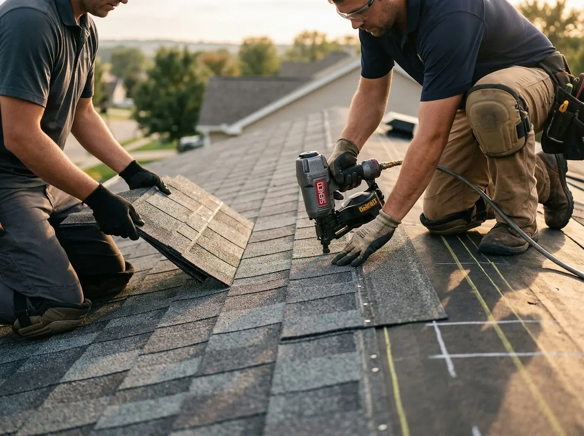 Professional roofer working on a residential roof in Rockville